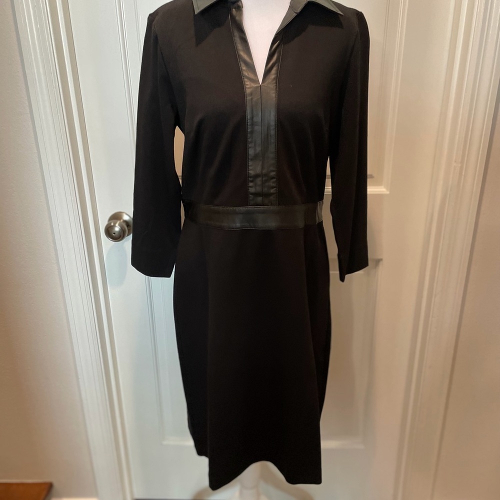 Talbots Black Long Sleeve Dress with Leather Accents